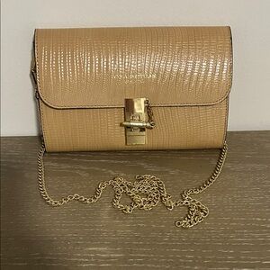 Elegant Tan Clutch with Gold Chain